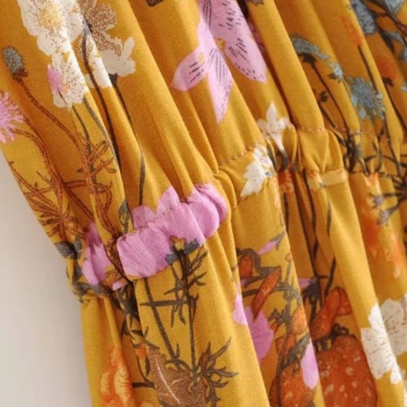 Boho 60’s Floral Gypsy Print Maxi Dress Yellow 70s - Picture 6 of 9